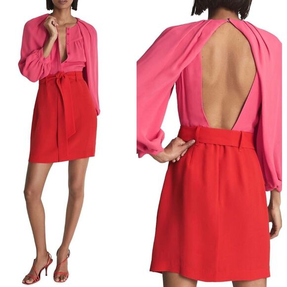 Reiss Dresses & Skirts - Reiss Valentina Color Clash Mini Dress Pink Red Open Back Belted Tie Waist NEW 4